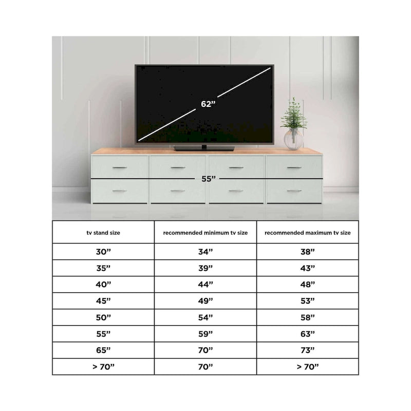Meuble TV de 152 cm imitation grain de bois avec quatre tiroirs et rangement central ouvert