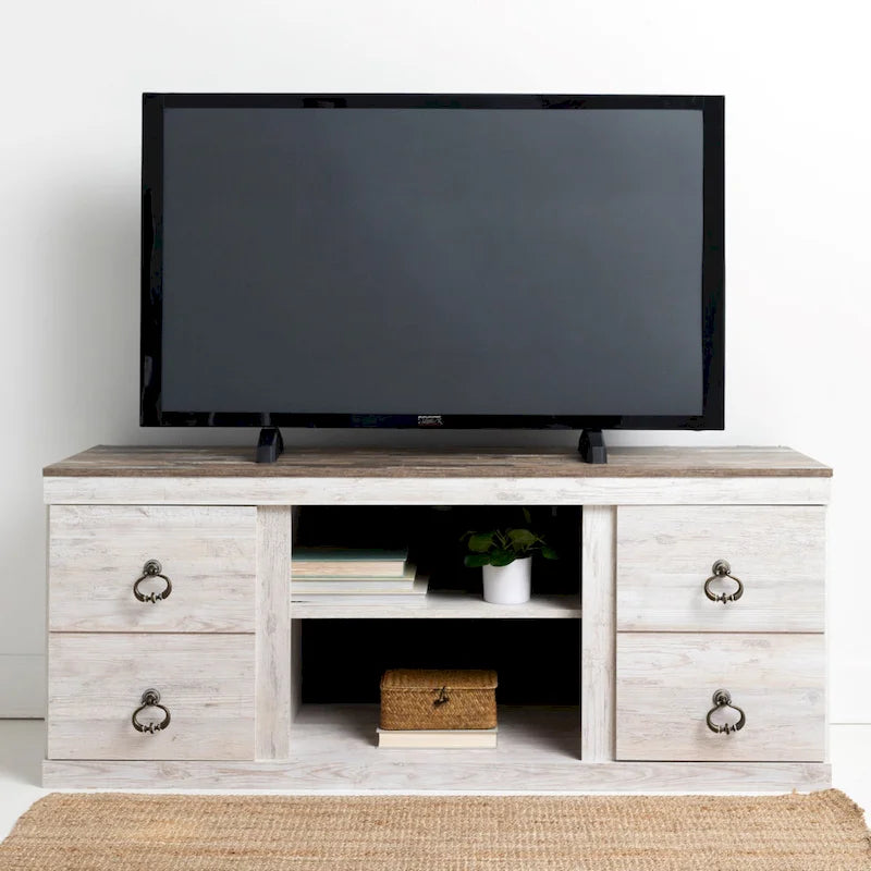 Meuble TV de 152 cm imitation grain de bois avec quatre tiroirs et rangement central ouvert