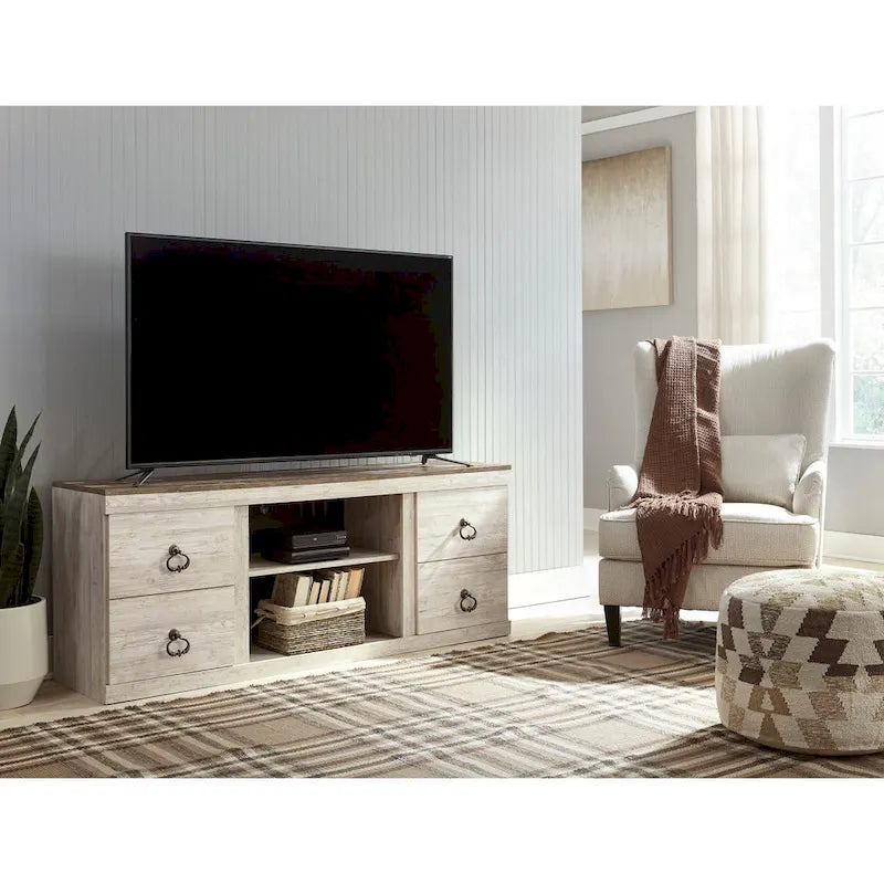 Meuble TV de 152 cm imitation grain de bois avec quatre tiroirs et rangement central ouvert