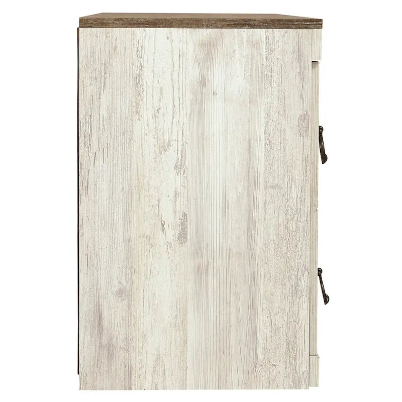 Meuble TV de 152 cm imitation grain de bois avec quatre tiroirs et rangement central ouvert