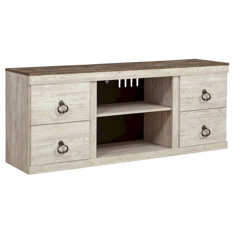 Meuble TV de 152 cm imitation grain de bois avec quatre tiroirs et rangement central ouvert