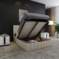 Lit plateforme capitonné en lin Queen Size avec système de rangement relevable