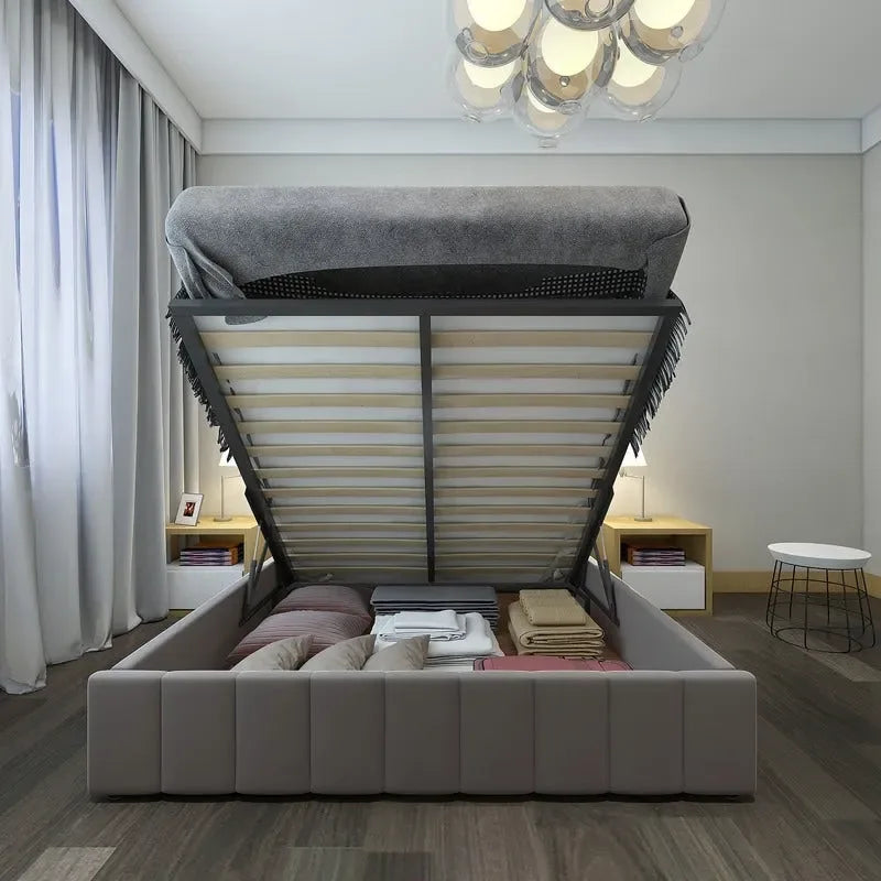 Lit plateforme capitonné en lin Queen Size avec système de rangement relevable