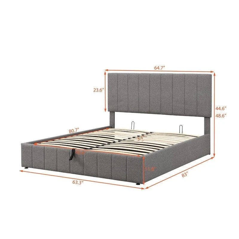 Lit plateforme capitonné en lin Queen Size avec système de rangement relevable