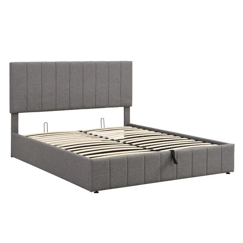 Lit plateforme capitonné en lin Queen Size avec système de rangement relevable