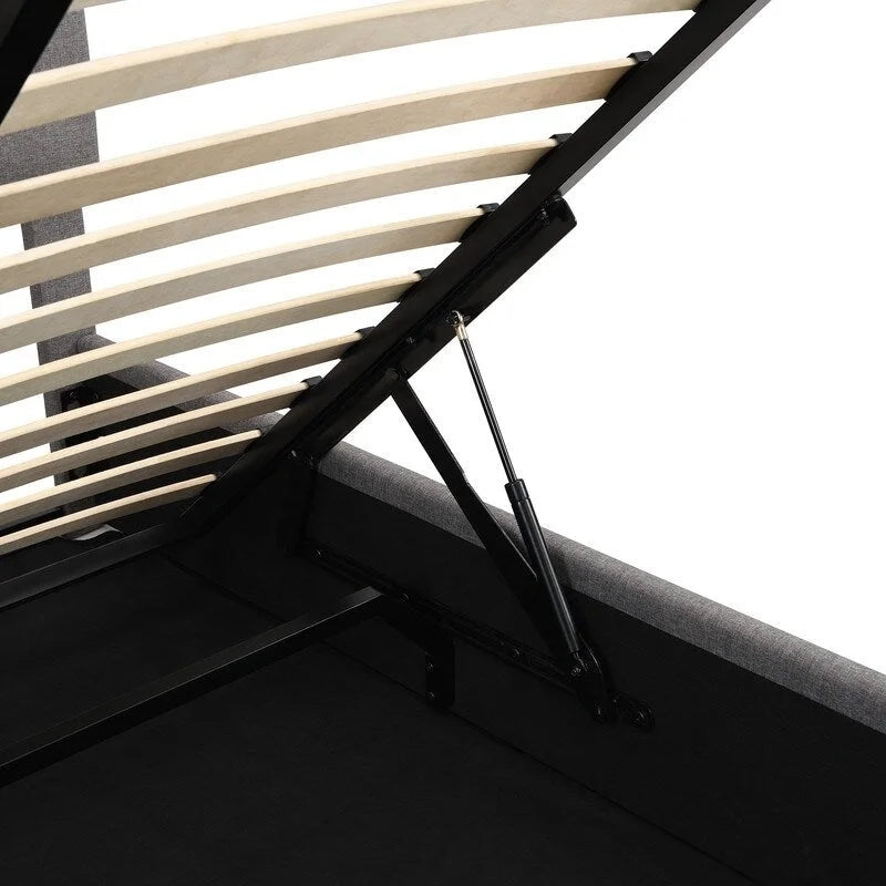 Lit plateforme capitonné en lin Queen Size avec système de rangement relevable