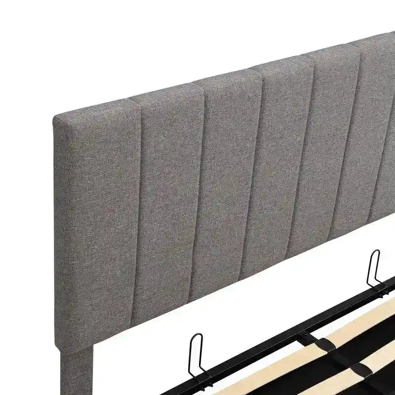 Lit plateforme capitonné en lin Queen Size avec système de rangement relevable
