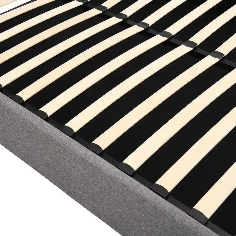 Lit plateforme capitonné en lin Queen Size avec système de rangement relevable