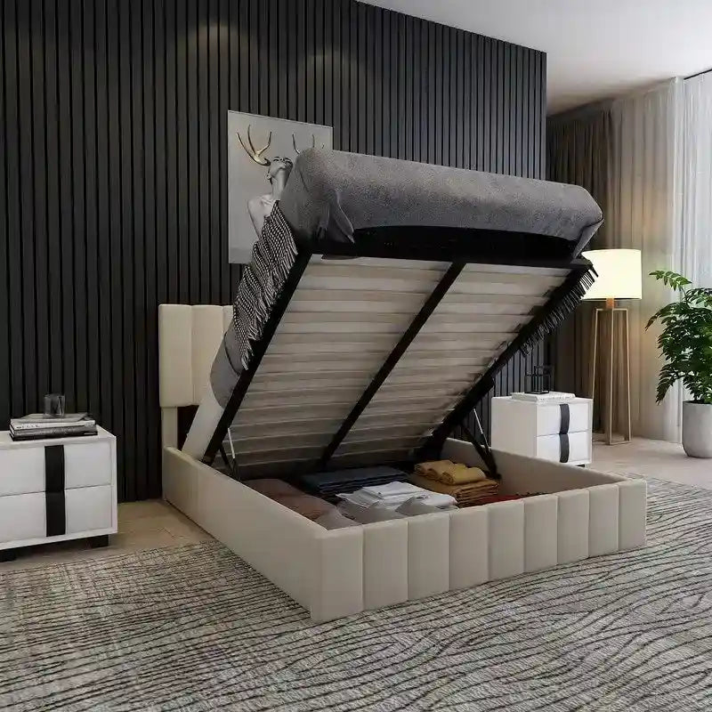 Lit plateforme capitonné en lin Queen Size avec système de rangement relevable