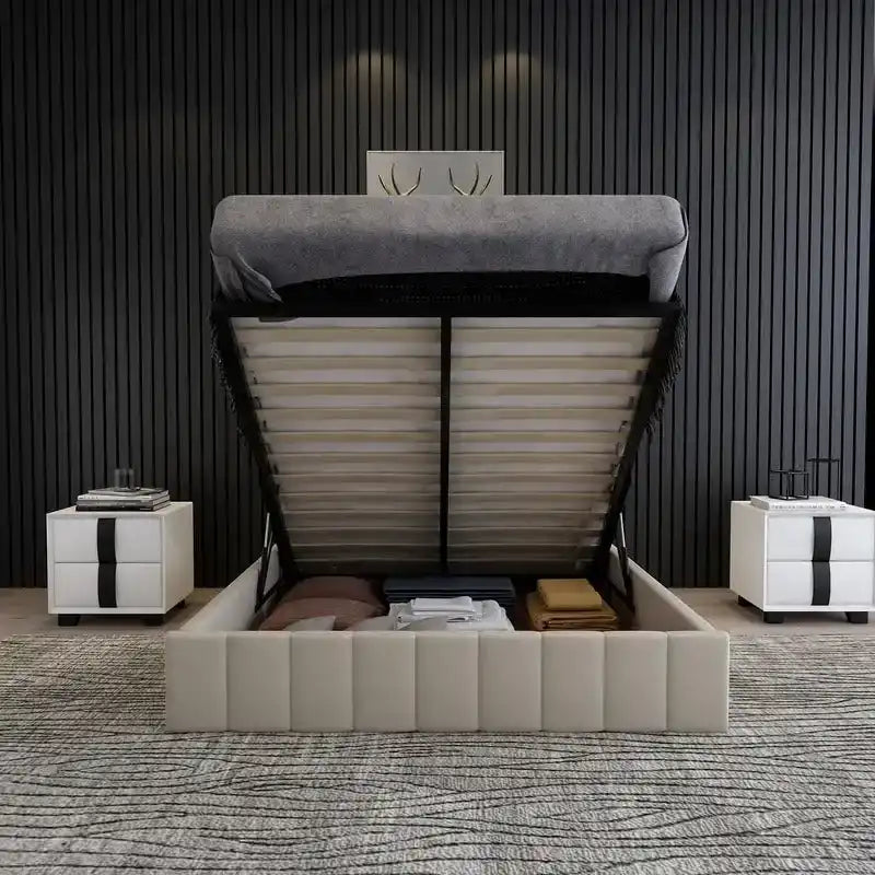 Lit plateforme capitonné en lin Queen Size avec système de rangement relevable