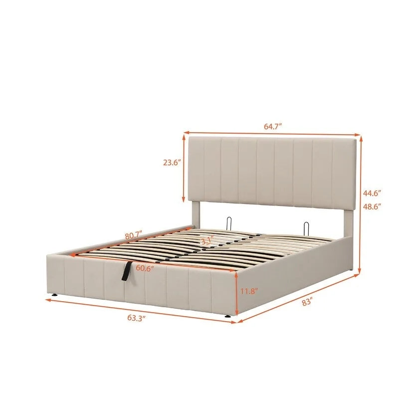 Lit plateforme capitonné en lin Queen Size avec système de rangement relevable