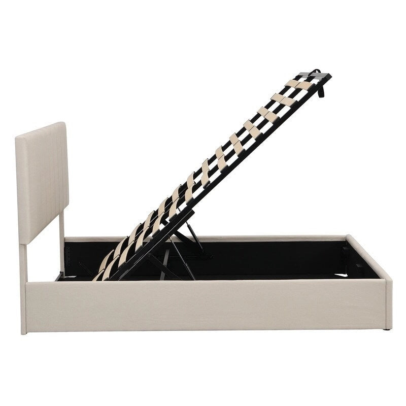 Lit plateforme capitonné en lin Queen Size avec système de rangement relevable