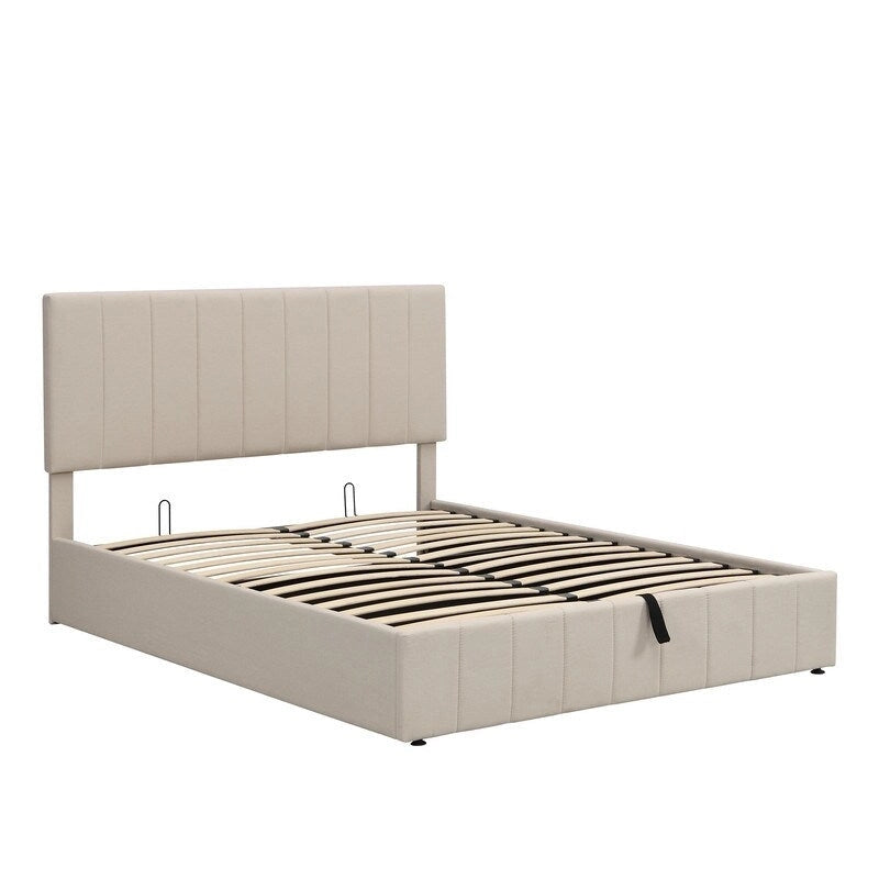 Lit plateforme capitonné en lin Queen Size avec système de rangement relevable