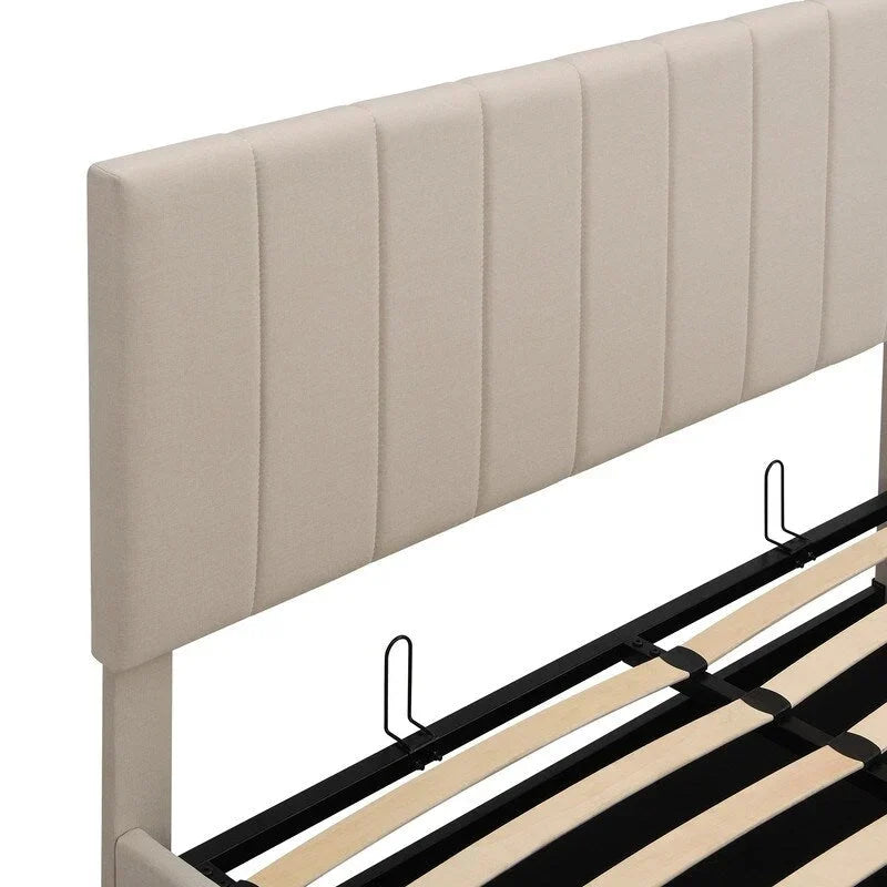 Lit plateforme capitonné en lin Queen Size avec système de rangement relevable