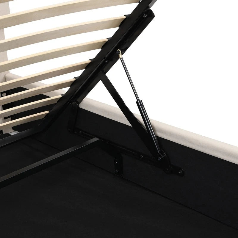 Lit plateforme capitonné en lin Queen Size avec système de rangement relevable