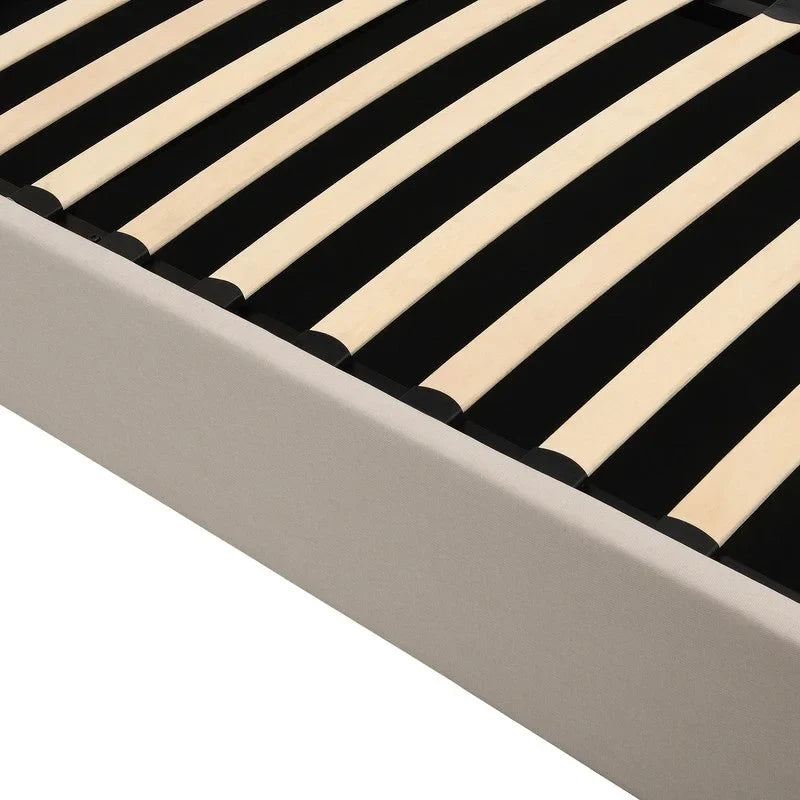 Lit plateforme capitonné en lin Queen Size avec système de rangement relevable