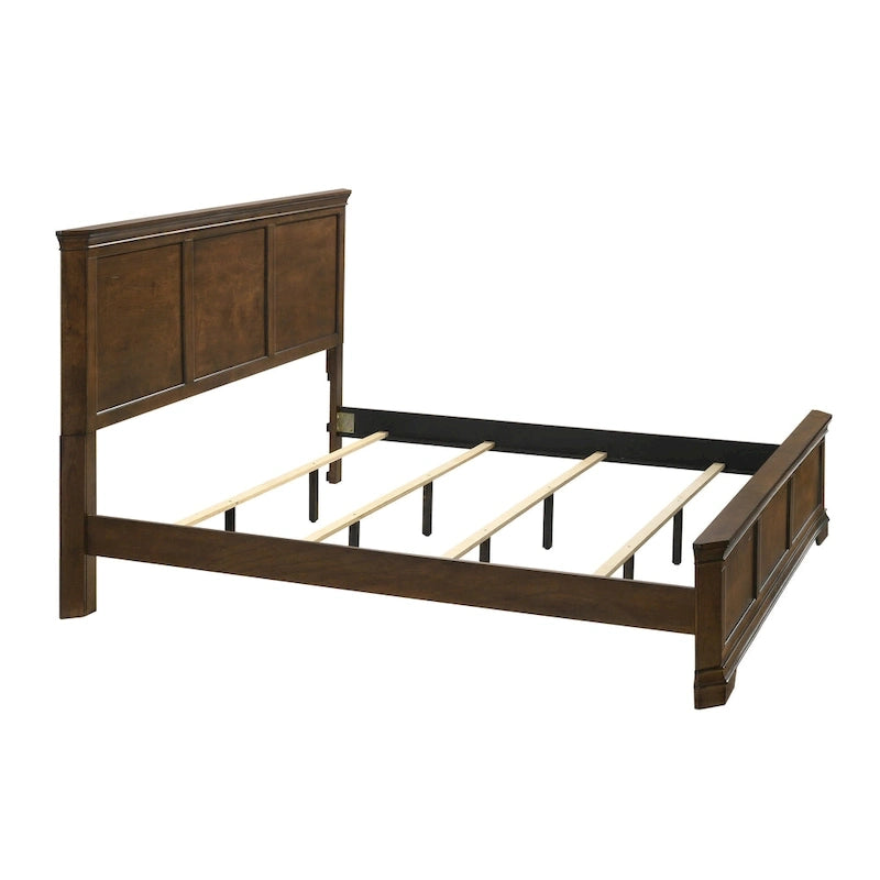 Lit traditionnel en bois avec panneaux encastrés, finition noyer antique