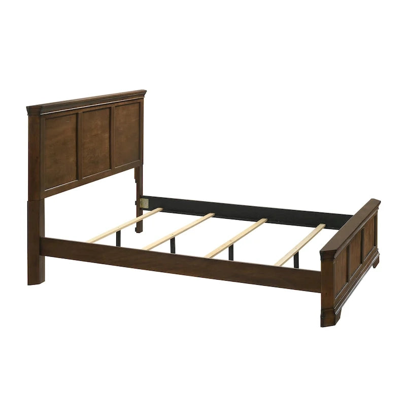 Lit traditionnel en bois avec panneaux encastrés, finition noyer antique