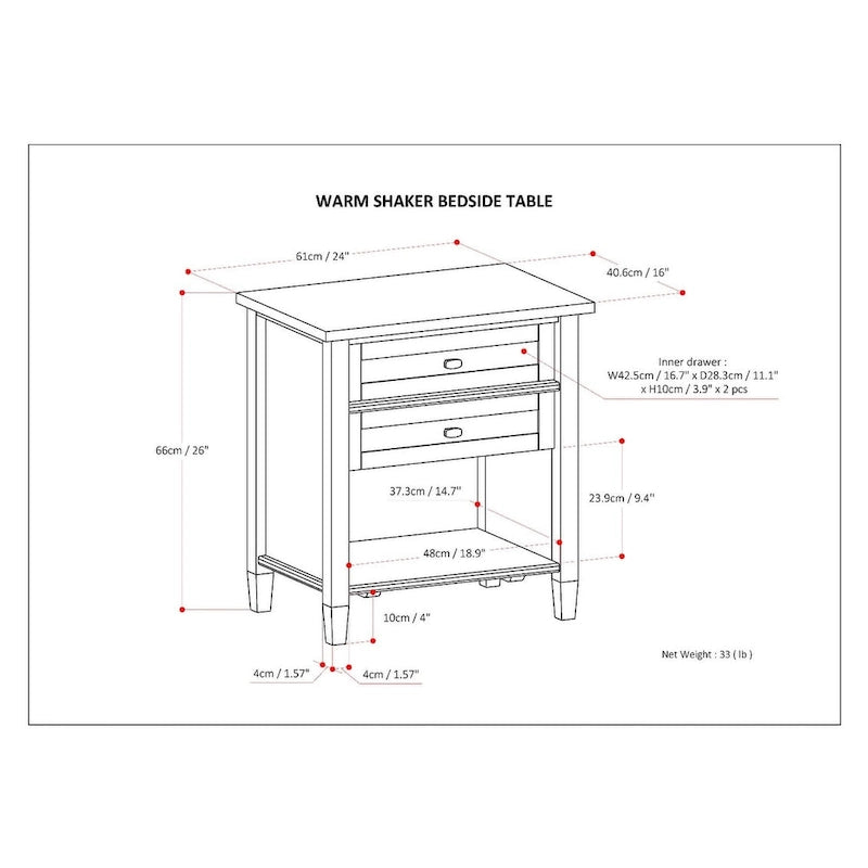 Table de chevet transitionnelle de 61 cm de large avec 2 tiroirs et une étagère ouverte