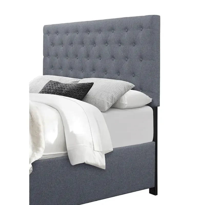 Lit de rangement à panneaux avec tête de lit capitonnée et tiroirs sous le lit
