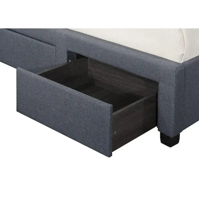 Lit de rangement à panneaux avec tête de lit capitonnée et tiroirs sous le lit