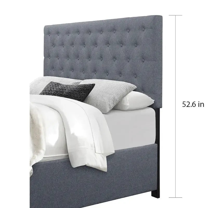 Lit de rangement à panneaux avec tête de lit capitonnée et tiroirs sous le lit