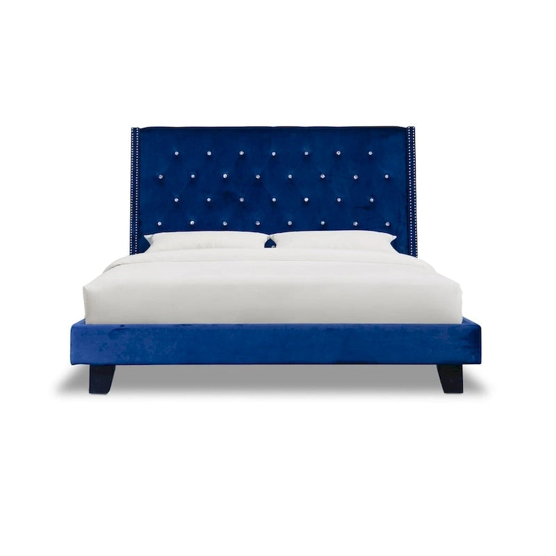 Lit plateforme capitonné en velours bleu