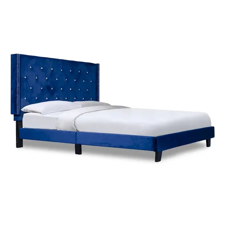 Lit plateforme capitonné en velours bleu