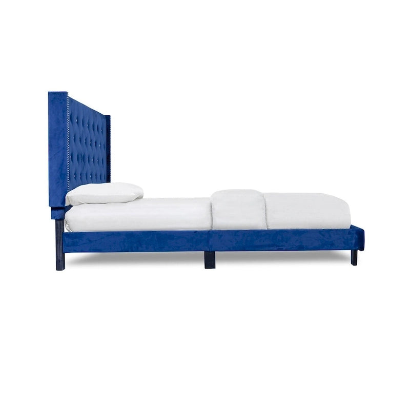 Lit plateforme capitonné en velours bleu