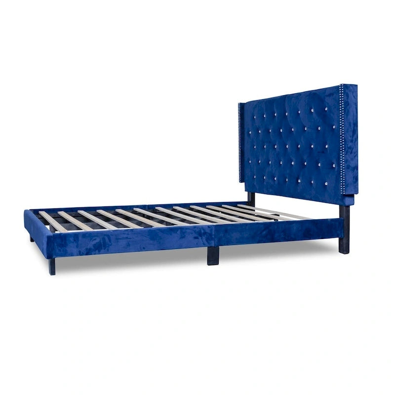 Lit plateforme capitonné en velours bleu