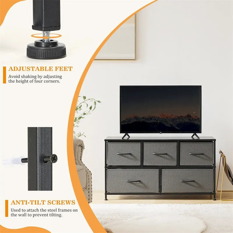 Commode de rangement à 5 tiroirs avec dispositifs anti-basculement