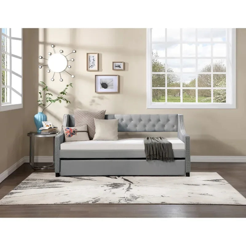 Banquette-lit avec lit gigogne, canapé-lit capitonné, taille double