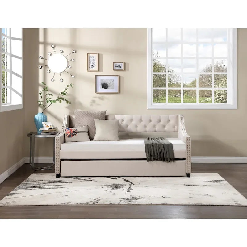 Banquette-lit avec lit gigogne, canapé-lit capitonné, taille double