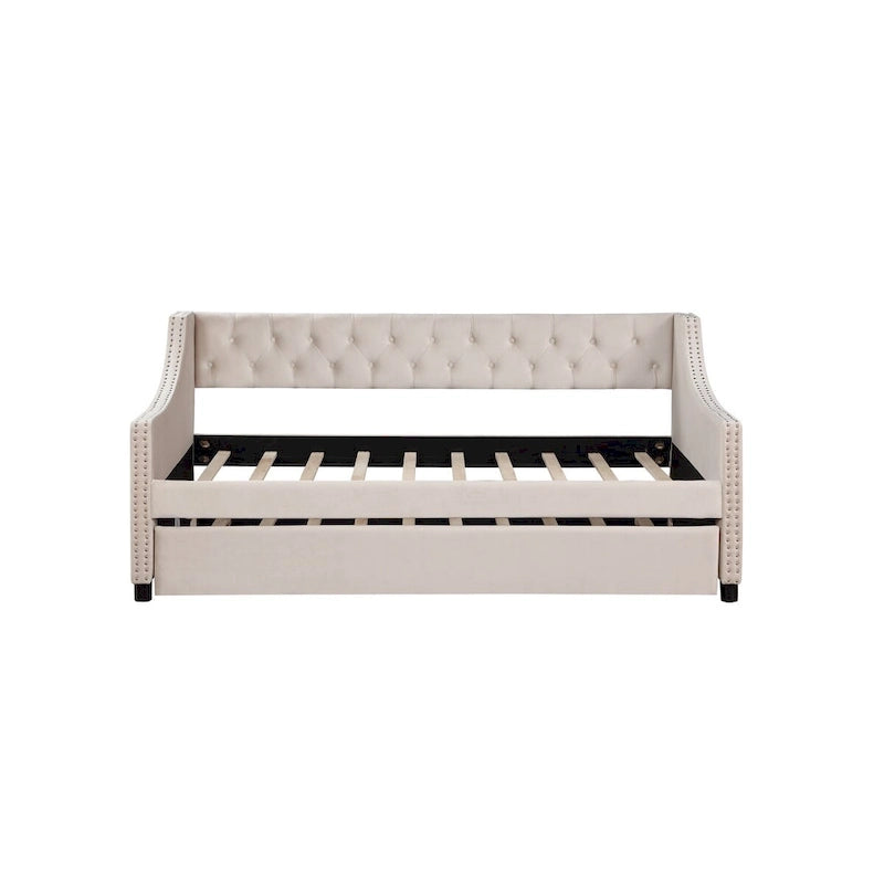 Banquette-lit avec lit gigogne, canapé-lit capitonné, taille double