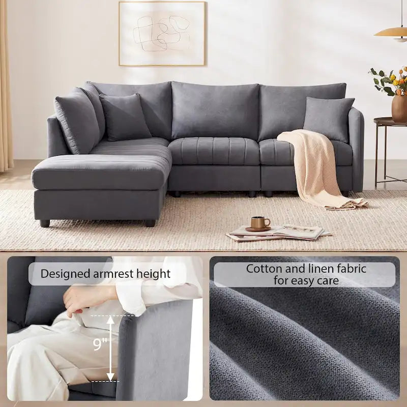 Canapé d'angle 5 places moderne en L avec rayures verticales, 2 coussins, pouf convertible
