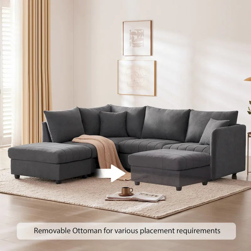 Canapé d'angle 5 places moderne en L avec rayures verticales, 2 coussins, pouf convertible