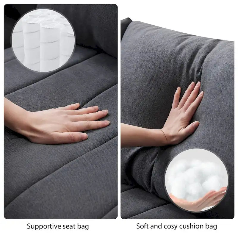 Canapé d'angle 5 places moderne en L avec rayures verticales, 2 coussins, pouf convertible