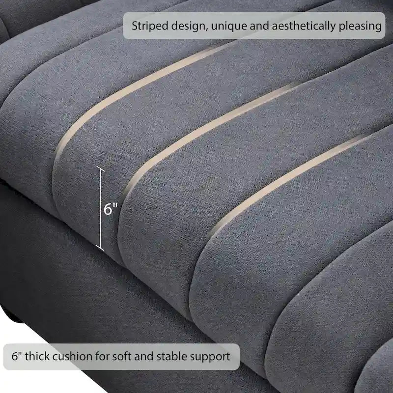 Canapé d'angle 5 places moderne en L avec rayures verticales, 2 coussins, pouf convertible
