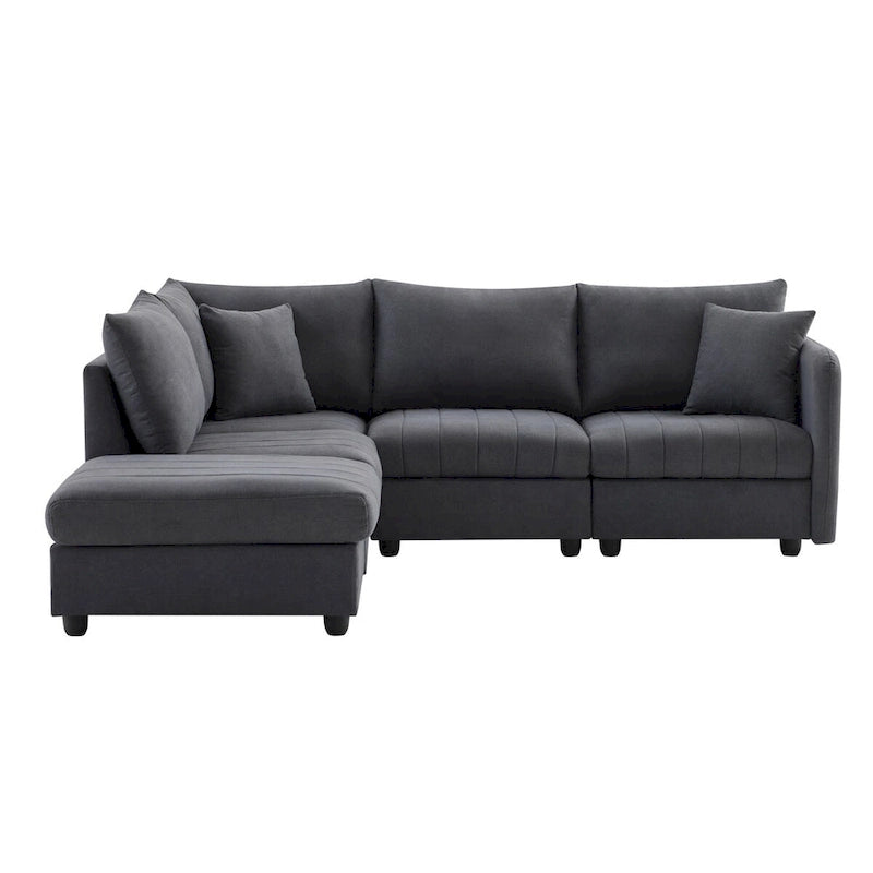 Canapé d'angle 5 places moderne en L avec rayures verticales, 2 coussins, pouf convertible