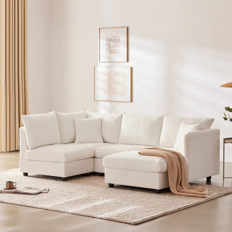 Canapé d'angle 5 places moderne en L avec rayures verticales, 2 coussins, pouf convertible