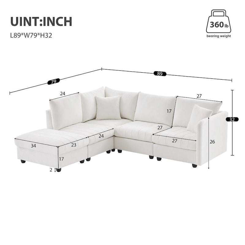 Canapé d'angle 5 places moderne en L avec rayures verticales, 2 coussins, pouf convertible