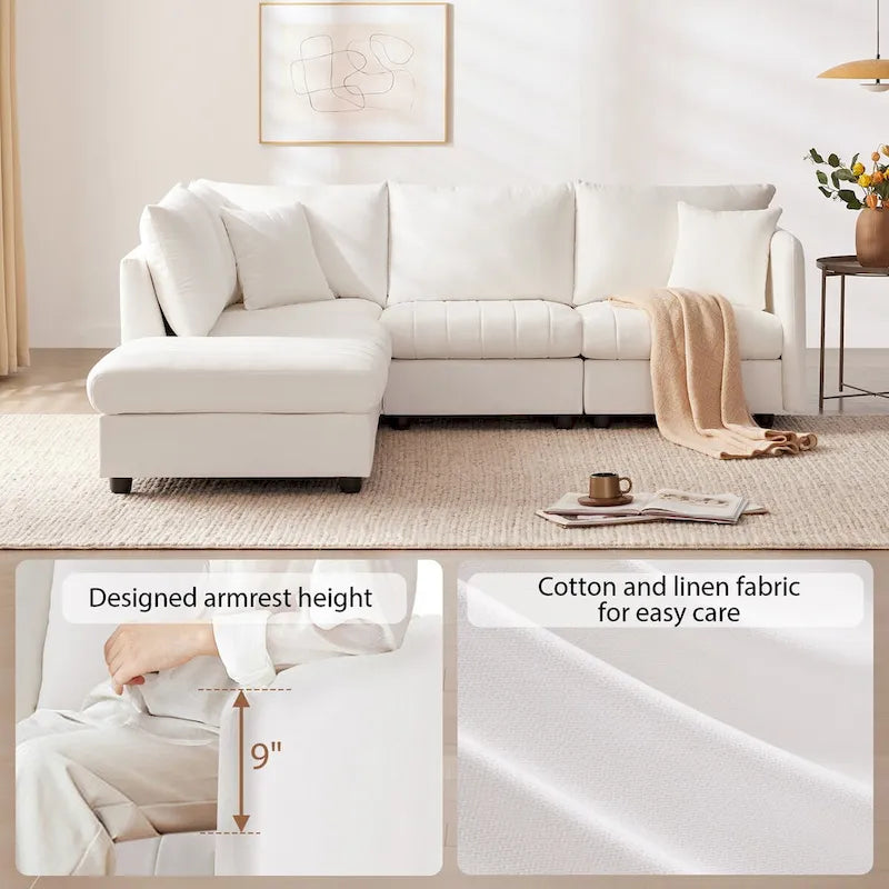 Canapé d'angle 5 places moderne en L avec rayures verticales, 2 coussins, pouf convertible