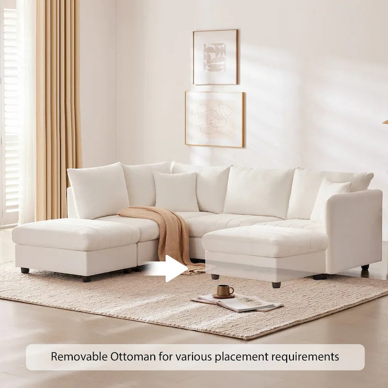 Canapé d'angle 5 places moderne en L avec rayures verticales, 2 coussins, pouf convertible