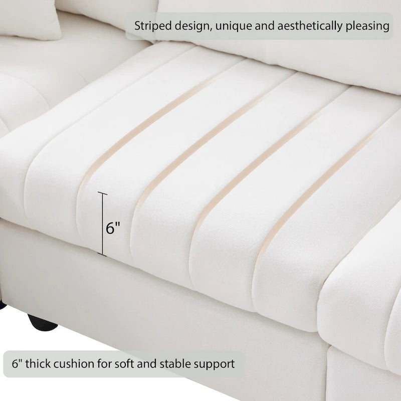 Canapé d'angle 5 places moderne en L avec rayures verticales, 2 coussins, pouf convertible
