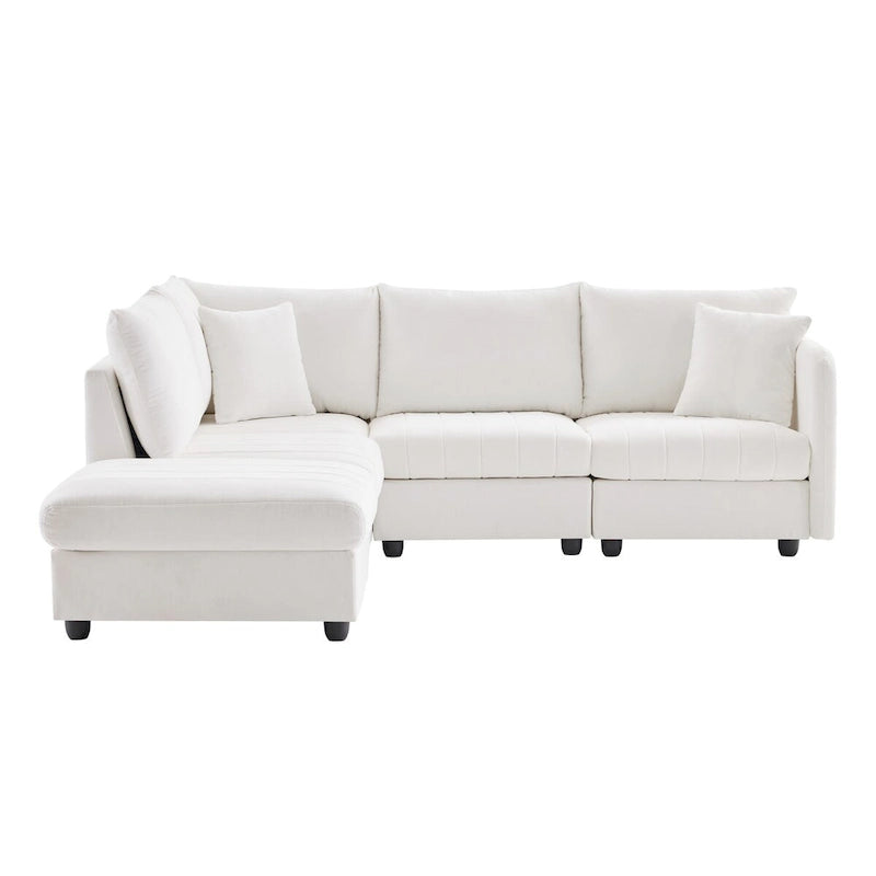 Canapé d'angle 5 places moderne en L avec rayures verticales, 2 coussins, pouf convertible