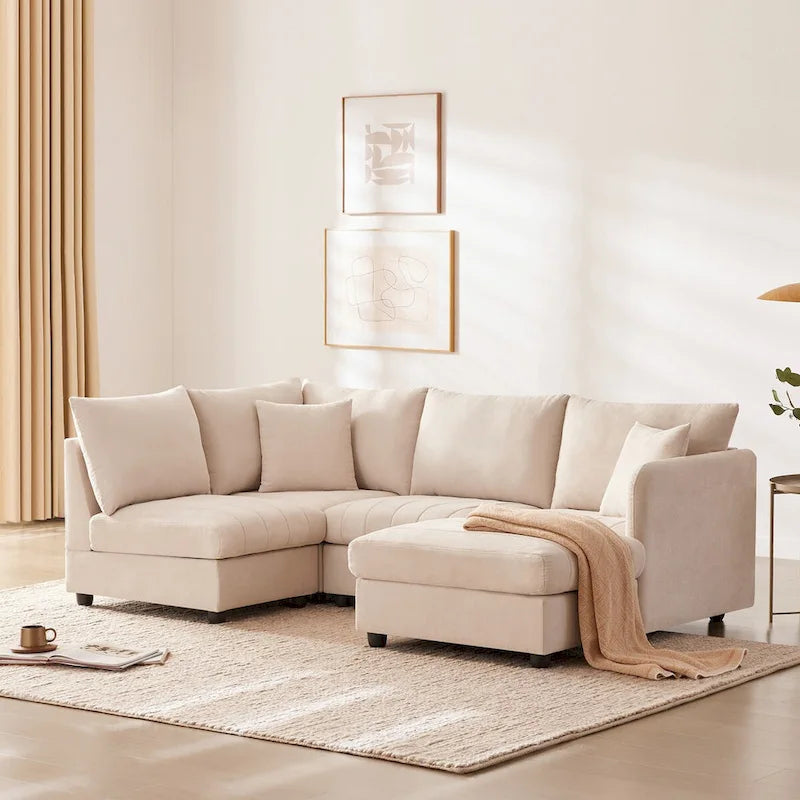 Canapé d'angle 5 places moderne en L avec rayures verticales, 2 coussins, pouf convertible