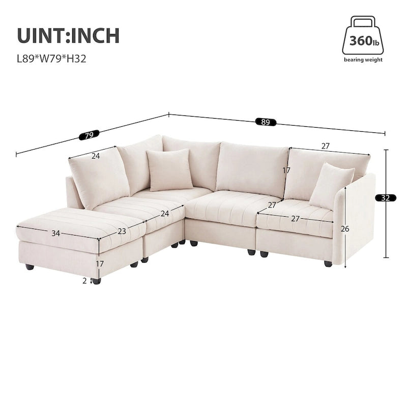 Canapé d'angle 5 places moderne en L avec rayures verticales, 2 coussins, pouf convertible