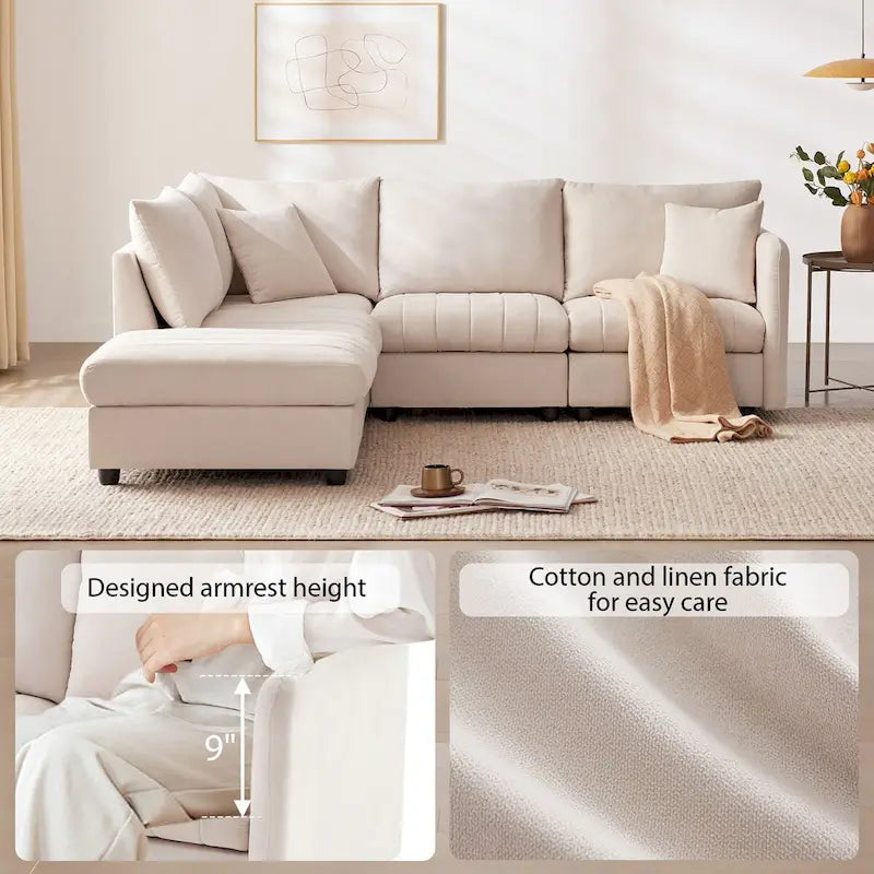 Canapé d'angle 5 places moderne en L avec rayures verticales, 2 coussins, pouf convertible