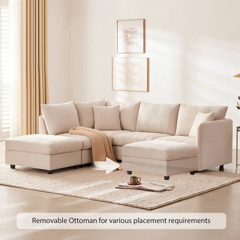 Canapé d'angle 5 places moderne en L avec rayures verticales, 2 coussins, pouf convertible