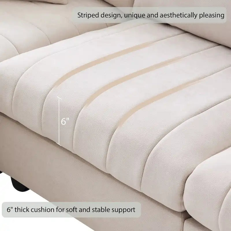 Canapé d'angle 5 places moderne en L avec rayures verticales, 2 coussins, pouf convertible